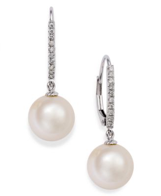 Macy's - 14k White Gold Earrings, Cultured Freshwater Pearl (10mm) and Diamond Accent Leverback Earrings (Also available in 14k yellow gold or pink cultured freshwater pearls in 14k rose gold)