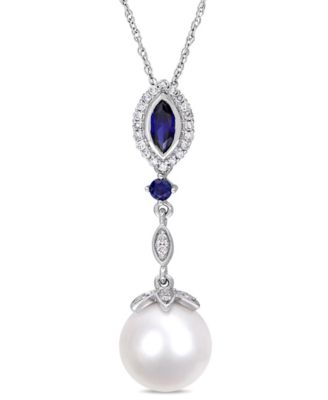 Macy's - Freshwater Cultured Pearl (10-10.5mm), Created Blue Sapphire (1/2 ct. t.w) and Diamond (1/7 ct. t.w.) 17" Necklace in 10k White Gold