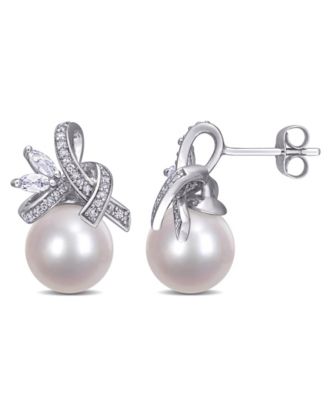 Macy's - Freshwater Cultured Pearl (9.5-10mm), White Topaz (2/5 ct. t.w) and Diamond (1/6 ct. t.w.) Ribbon Earrings in 10k White Gold