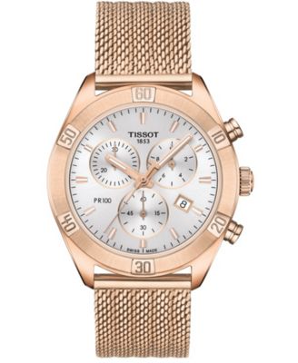 Tissot - Women's Swiss Chronograph PR 100 Sport Chic T-Classic Rose Gold-Tone Stainless Steel Mesh Bracelet Watch 38mm