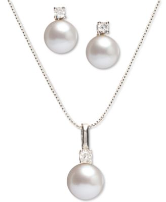 Macy's - 2-Pc. Set Cultured Freshwater Pearl (7-1/2 & 8-1/2mm) & Cubic Zirconia Pendant Necklace & Matching Stud Earrings in Sterling Silver