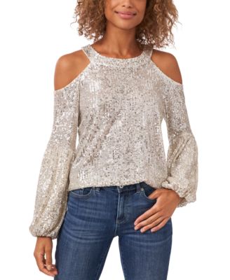 CeCe - Women's Sequined Cold-Shoulder Blouse