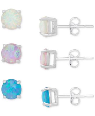 Macy's - 3-Pc. Set White, Pink, & Blue Lab-Created Opal Stud Earrings (3-5/8 ct. t.w.) in Sterling Silver