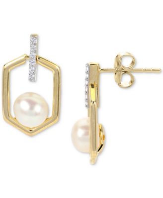 Macy's - Cultured Freshwater Pearl (6mm) & Lab-Created White Sapphire (1/20 ct. t.w.) Hexagon Drop Earrings in 14k Gold-Plated Sterling Silver