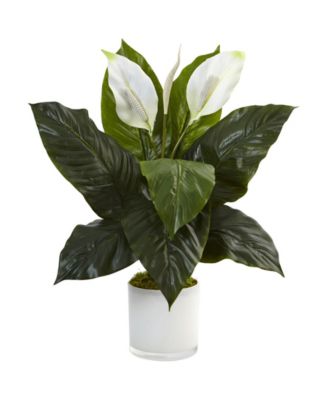 Nearly Natural - Spathiphyllum Flowering Peace Lily Artificial Plant in Glossy Glass Planter