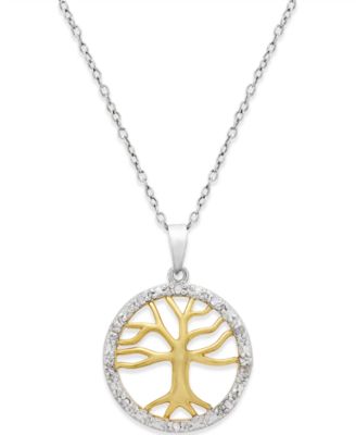 Macy's - Diamond Family Tree Pendant Necklace (1/10 ct. t.w.) in Sterling Silver and 18k Gold over Sterling Silver