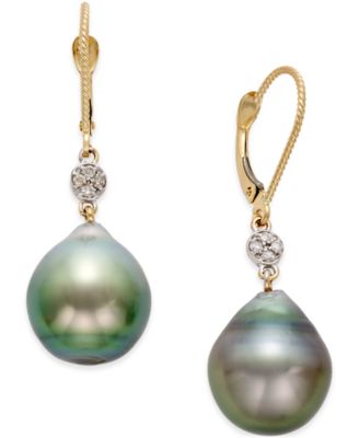 Macy's - Cultured Tahitian Pearl (12mm) and Diamond Accent Earrings in 14k Gold