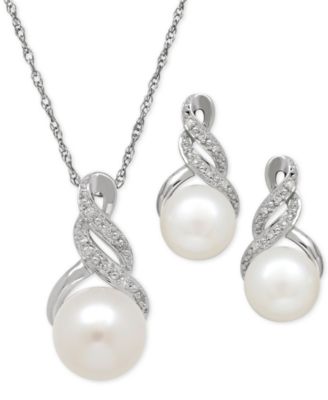 Macy's - Cultured Freshwater Pearl (8 & 9mm) and Diamond Accent Pendant Necklace and Matching Stud Earrings Set in Sterling Silver or 14k Gold Over Silver