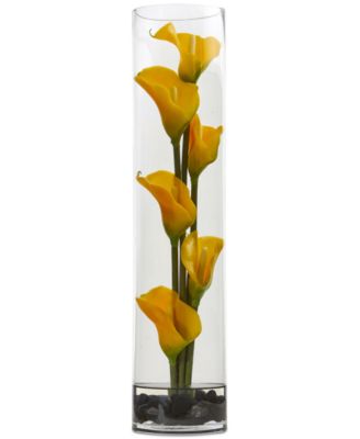 Nearly Natural - 18" Mini Calla Lily Artificial Arrangement in Cylinder Glass Vase