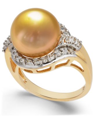 Macy's - Cultured Golden South Sea Pearl (12mm) and Diamond (5/8 ct. t.w.) Ring in 14k Gold