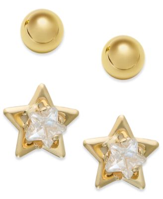 Macy's - 10k Gold Earrings Set, Cubic Zirconia Accent Star and Ball Stud Earrings