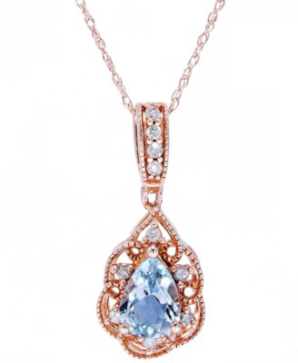 Macy's - Aquamarine (1/2 ct. t.w.) & Diamond (1/10 ct. t.w.) Teardrop 18" Pendant Necklace in 14k Rose Gold-Plated Sterling Silver