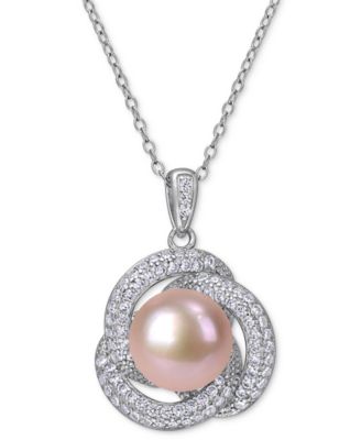 Macy's - Pink Cultured Freshwater Pearl (10-1/2mm) & Cubic Zirconia Love Knot 18" Pendant Necklace in Sterling Silver