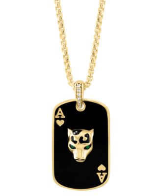 EFFY Collection - Men's Emerald Accent, & Diamond (1/6 ct. t.w.) Black Enamel Panther Playing Card 22" Pendant Necklace in 14k Gold