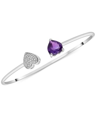 Macy's - Amethyst (1/10 ct. t.w.) & Diamond Accent Heart Cuff Bangle Bracelet in Sterling Silver