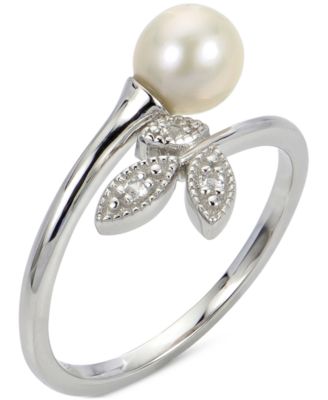 Macy's - Cultured Freshwater Pearl (6mm) & Lab-Created White Sapphire (1/20 ct. t.w.) Bypass Ring in Sterling Silver