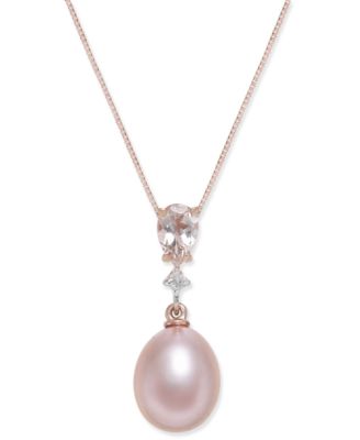 Macy's - Pink Cultured Freshwater Pearl (8-1/2mm), Morganite (3/8 ct. t.w.) and Diamond Accent Pendant Necklace in 14k Rose Gold