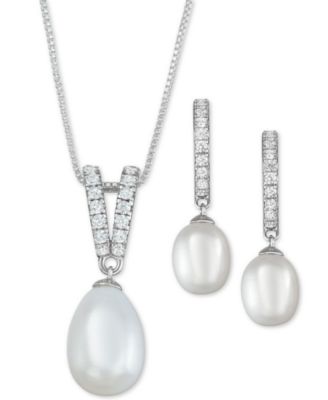 Macy's - Cultured Freshwater Pearl (9 x 10mm & 7 x 9mm) & Cubic Zirconia Jewelry Set in Sterling Silver