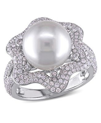 Macy's - South Sea Cultured Pearl (10-10.5mm) and Diamond (1 ct. t.w.) Floral Halo Cocktail Ring in 14k White Gold
