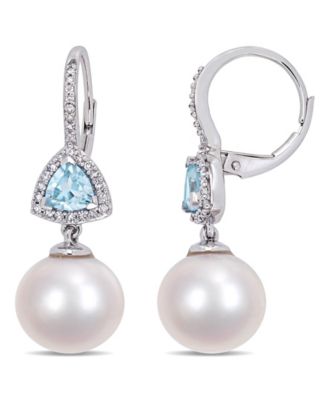 Macy's - Freshwater Cultured Pearl (11-12mm), Blue Topaz (1 ct. t.w.) and Diamond (1/4 ct. t.w.) Triangle Drop Earrings in 10k White Gold