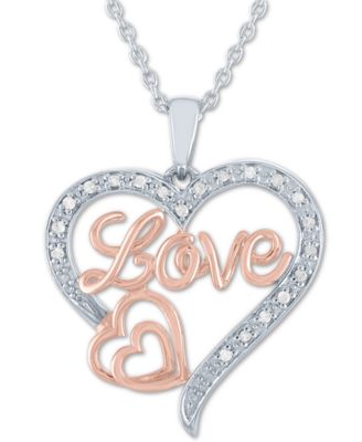 Macy's - Diamond Love Heart Pendant Necklace (1/10 ct. t.w.) in Sterling Silver & 14k Rose Gold-Plate, 16" + 2" extender