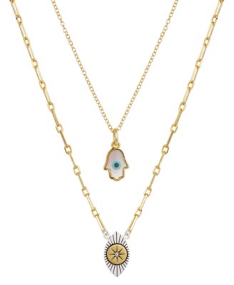 Unwritten - 2 Pc. Set Hamsa Hand & Evil Eye Pendant Necklaces in Fine Silver-Plate & Gold-Flash, 16" + 2" extender