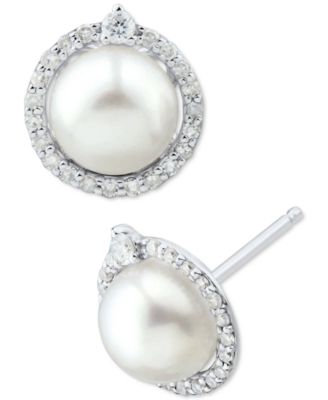 Honora - Cultured Freshwater Pearl (6mm) & Diamond (1/6 ct. t.w.) Halo Stud Earrings in 14k White Gold