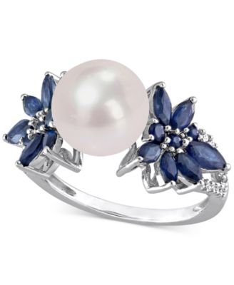 Macy's - Cultured Freshwater Pearl (9mm), Aquamarine (1-1/5 ct. t.w.), & Diamond (1/8 ct. t.w.) in 14k White Gold (Also in Pink Sapphire & Blue Sapphire)