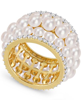 Macy's - Cultured Freshwater Pearl (3 - 4-1/2mm) & Lab-Created White Sapphire (1-3/5 ct. t.w.) Multirow Statement Ring in Yellow Rhodium-Plated Sterling Silver