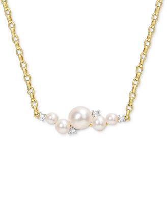 Macy's - Cultured Freshwater Pearl (3 - 6-1/2mm) & White Topaz (1/8 ct. t.w.) Cluster Bar 18" Pendant Necklace in 18k Gold-Plated Sterling Silver