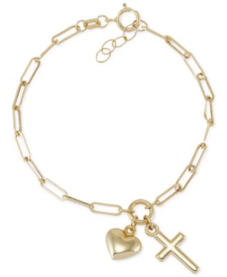 Macy's - Children's Cross & Heart Paperclip Link Charm Bracelet in 14k Gold