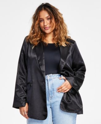 And Now This - Trendy Plus Size One-Button Satin Blazer