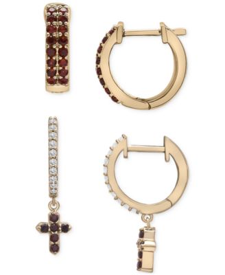 Macy's - 2-Pc. Set Garnet (1/2 ct. t.w.) & Lab-Created White Sapphire (1/4 ct. t.w.) Hoop & Cross Dangle Hoop Earrings set in 14k Gold-Plated Sterling Silver