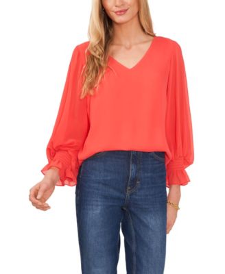 Vince Camuto - Women's Solid-Color V-Neck Blouson-Sleeve Blouse