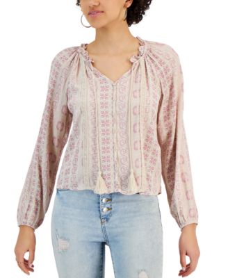 Pink Rose - Juniors' Floral-Print Blouson-Sleeve Split Neck Top