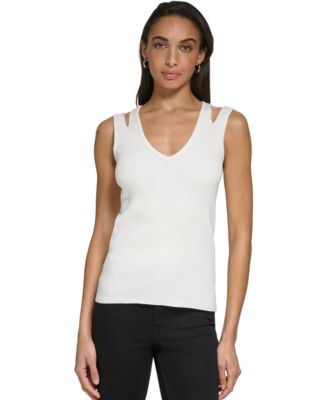 Calvin Klein - Women's Cut-Out-Shoulder Ribbed V-Neck Top