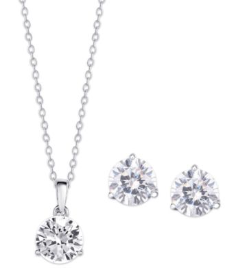 Macy's - Cubic Zirconia Round Pendant Necklace and Earring set in Fine Silver Plate