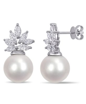Macy's - South Sea Cultured Pearl (11-12mm) and Diamond (1 1/2 ct. t.w.) Cluster Earrings in 14k White Gold