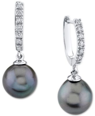 Macy's - Cultured Golden South Sea Pearl (9mm) & Diamond (1/5 ct. t.w.) Hoop Dangle Drop Earrings in 14k Gold