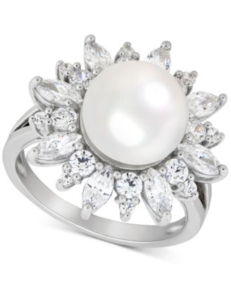 Macy's - Cultured Freshwater Pearl (10mm) & Cubic Zirconia Flower Ring in Sterling Silver