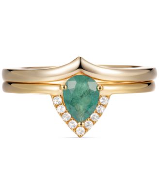 Macy's - 2-Pc. Set Emerald (5/8 ct. t.w.) & White Topaz (1/20 ct. t.w.) V Halo Ring & Fitted Band in Gold-Plated Sterling Silver (Also in Aquamarine & Opal)