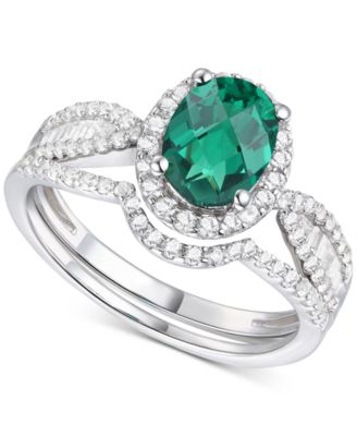 Macy's - 2-Pc. Set Lab-Created Emerald (1 ct. t.w.) & Lab-Created White Sapphire (5/8 ct. t.w.) Ring & Fitted Band in Sterling Silver (Also in Lab-Created Blue Sapphire)