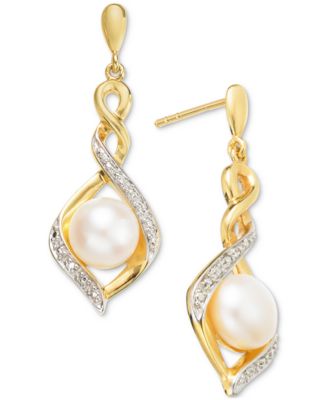 Macy's - Cultured Freshwater Pearl (7 mm) & Cubic Zirconia Twist Drop Earrings in 14k Two-Tone Gold-Plated Sterling Silver