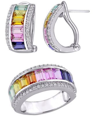Macy's - 2-Pc. Set Lab-Created Multi-Sapphire Baguette Ring & Matching Hoop Earrings (8-1/10 ct. t.w.) in Sterling Silver