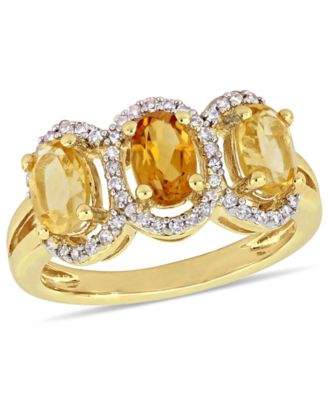 Macy's - Citrine (1-1/3 ct.t.w.) and Diamond (1/5 ct.t.w.) 3-Stone Halo Ring in 18k Yellow Gold over Sterling Silver