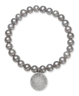 Macy's - Gray Cultured Freshwater Pearl (7-8 mm) and Cubic Zirconia Stretch Bracelet with Charm in Sterling Silver