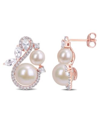 Macy's - Freshwater Cultured Pearl, White Topaz (1 1/8 ct. t.w.) and Diamond (1/3 ct. t.w.) Swan Earrings in 10k Rose Gold