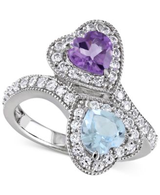 Macy's - Amethyst (5/8 ct. t.w.), Blue Topaz (7/8 ct. t.w.), & Lab-Created White Sapphire (7/8 ct. t.w.) Heart Bypass Ring in Sterling Silver