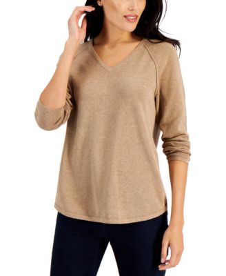 Karen Scott - Petite Cotton V-Neck Curved-Hem Pullover Sweater