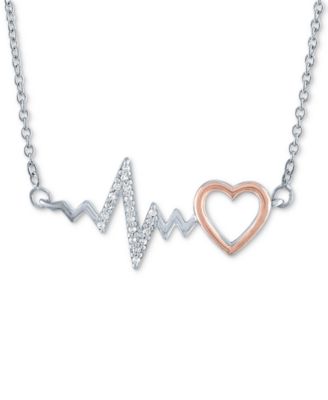Macy's - Diamond Accent Heartbeat Heart Pendant Necklace in Sterling Silver & 14k Rose Gold-Plate, 16" + 2" extender